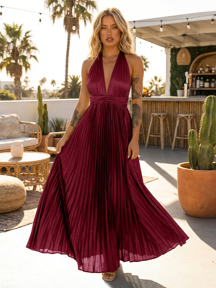 A Line Chiffon V Neck Long Pleated Formal Dresses