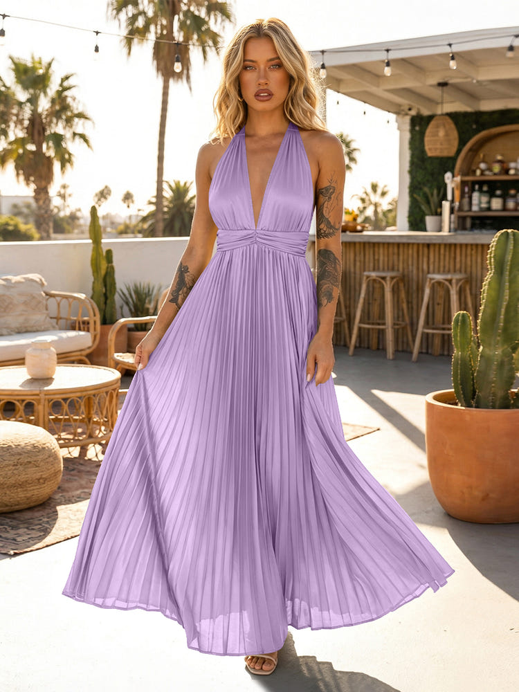 A Line Satin V Neck Long Pleated Formal Dresses