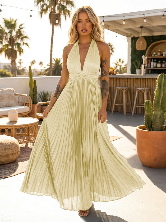 A Line Chiffon V Neck Long Pleated Formal Dresses