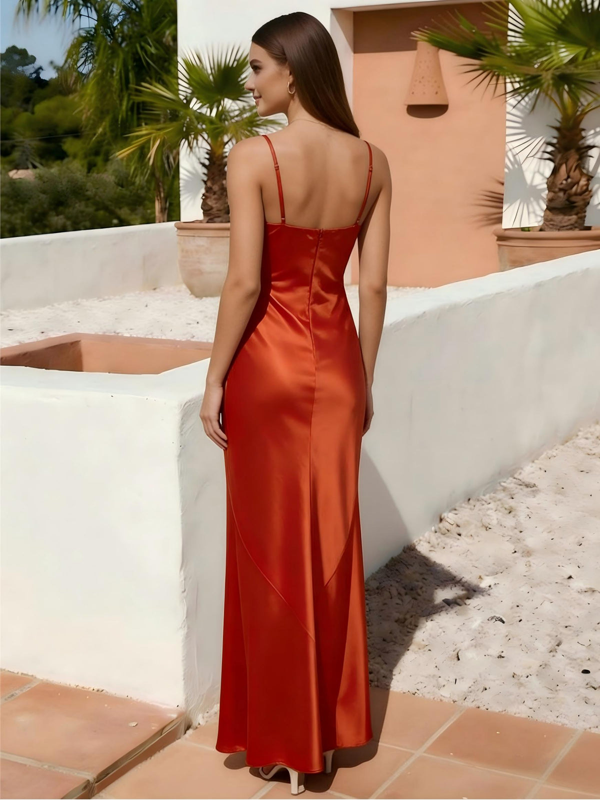 Spaghetti Straps Sheath Satin Formal Dresses with Bow