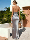 Halter V Neck Mermaid Satin Wedding Guest Dress
