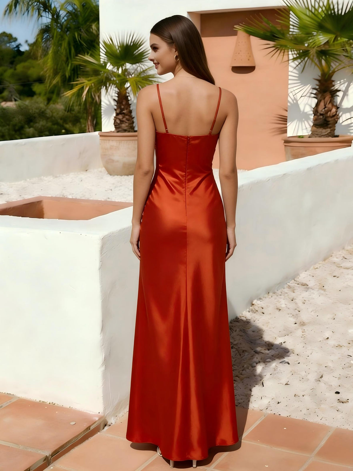 Spaghetti Straps Mermaid Satin Formal Dresses Long Sheath Wedding Guest Dress with Slit