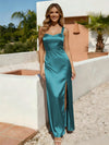 Spaghetti Straps A Line Satin Bridesmaid Dress with Slit