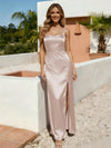 Spaghetti Straps A Line Satin Bridesmaid Dress with Slit