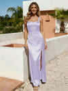 Spaghetti Straps A Line Satin Bridesmaid Dress with Slit