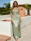 Spaghetti Straps A Line Satin Bridesmaid Dress with Slit