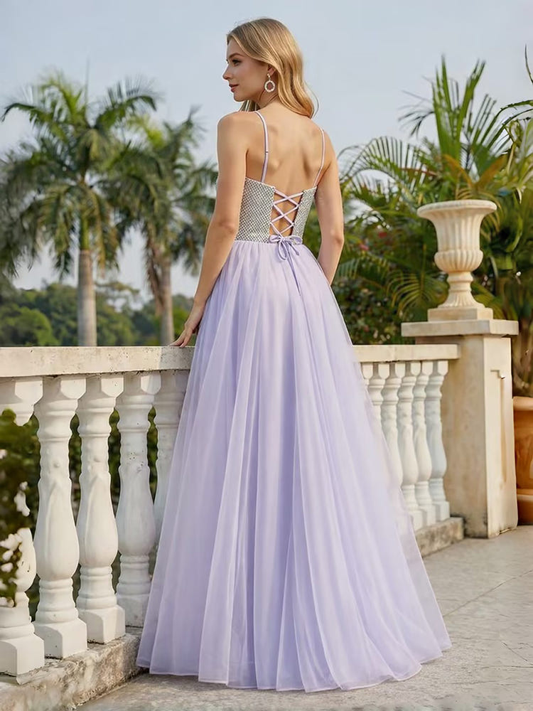 Long Organza Sequin Evening Dresses Formal Party Gown