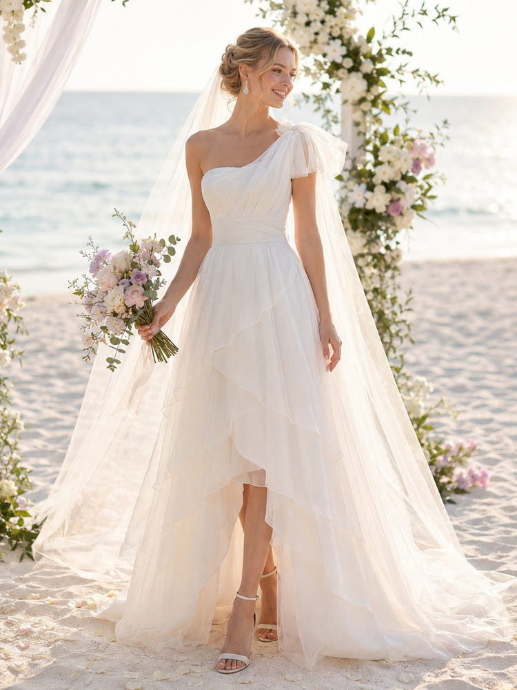 Tulle A-Line One Shoulder Wedding Dresses with Tiered