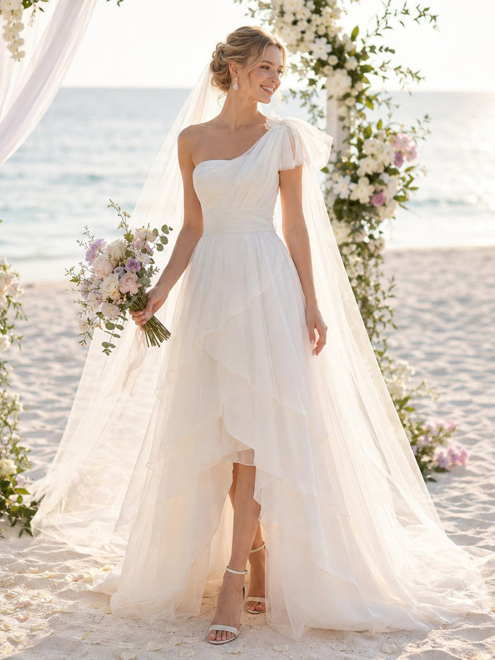 Tulle A-Line One Shoulder Wedding Dresses with Tiered