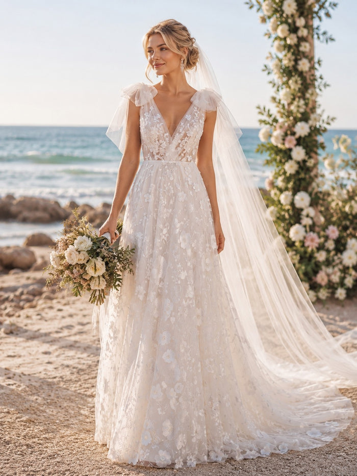 Tulle A-Line V Neck Wedding Guest Dresses with Bow