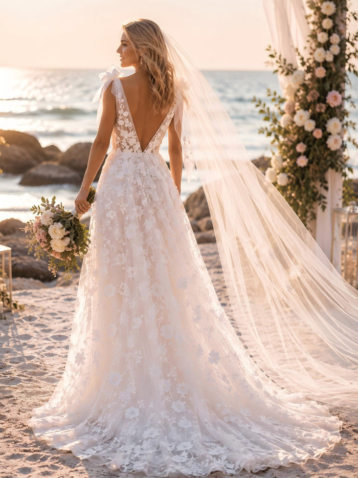 Tulle A-Line V Neck Wedding Guest Dresses with Bow