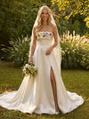 Satin A-Line Strapless Wedding Dresses with Floral Embroidery