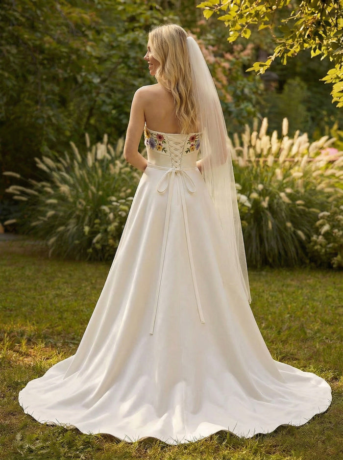 Satin A-Line Strapless Wedding Dresses with Floral Embroidery