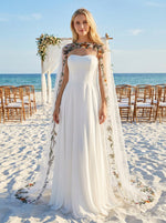 Satin A-Line Strapless Wedding Dresses with Sheer Chiffon Flowing Cape