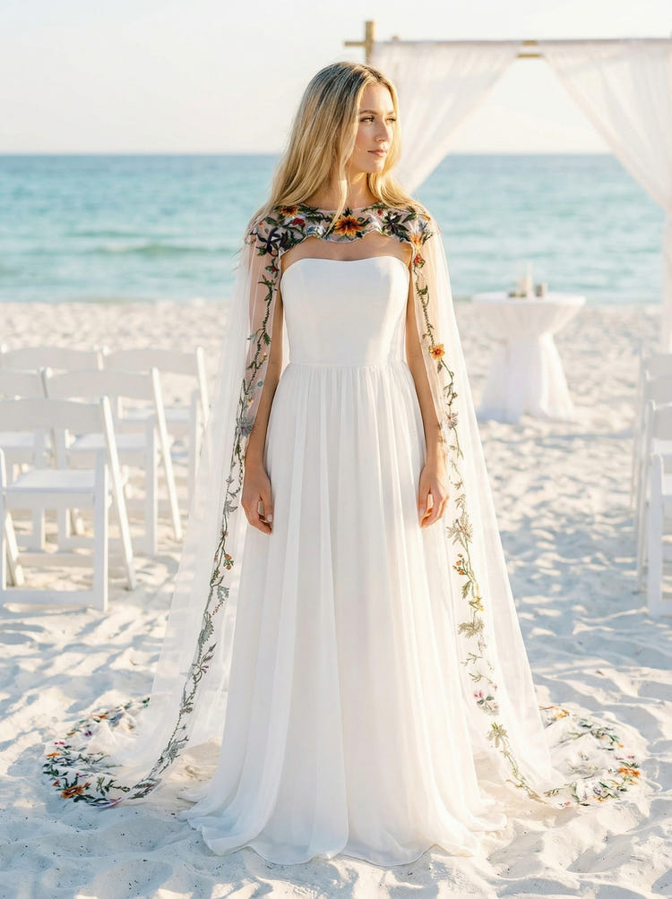 Satin A-Line Strapless Wedding Dresses with Sheer Chiffon Flowing Cape