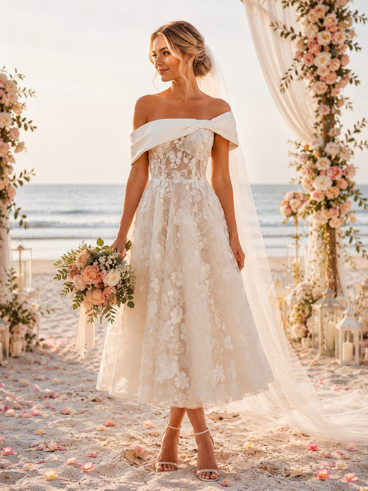 Tulle A-Line Off Shoulder Wedding Dresses with Floral Lace Applique