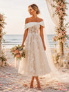 Tulle A-Line Off Shoulder Wedding Dresses with Floral Lace Applique
