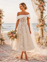 Tulle A-Line Off Shoulder Wedding Dresses with Floral Lace Applique