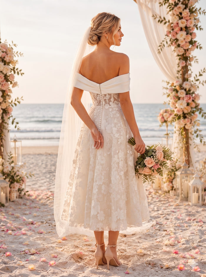 Tulle A-Line Off Shoulder Wedding Dresses with Floral Lace Applique