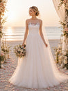 Tulle A-Line Round Neck Wedding Dresses with Floral Embroidery