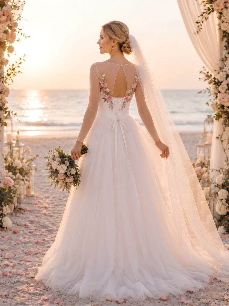Tulle A-Line Round Neck Wedding Dresses with Floral Embroidery