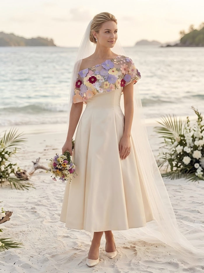Satin A-Line Asymmetric Neck Wedding Dresses with Floral Embroidery