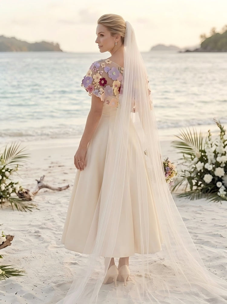 Satin A-Line Asymmetric Neck Wedding Dresses with Floral Embroidery