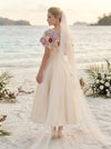 Satin A-Line Asymmetric Neck Wedding Dresses with Floral Embroidery