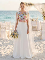 Chiffon A-Line Round Neck Wedding Dresses with Floral Embroidery
