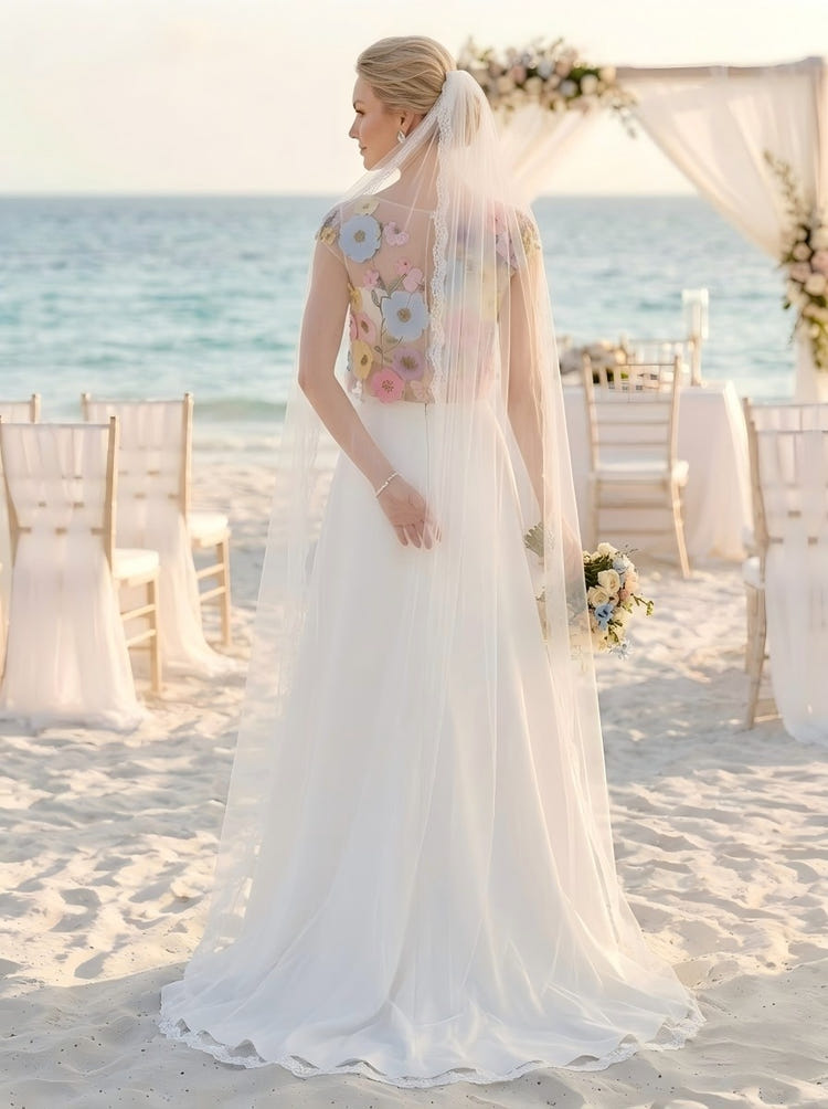 Chiffon A-Line Round Neck Wedding Dresses with Floral Embroidery
