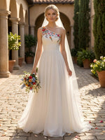 Chiffon A-Line One Shoulder Wedding Dresses with Floral Embroidery
