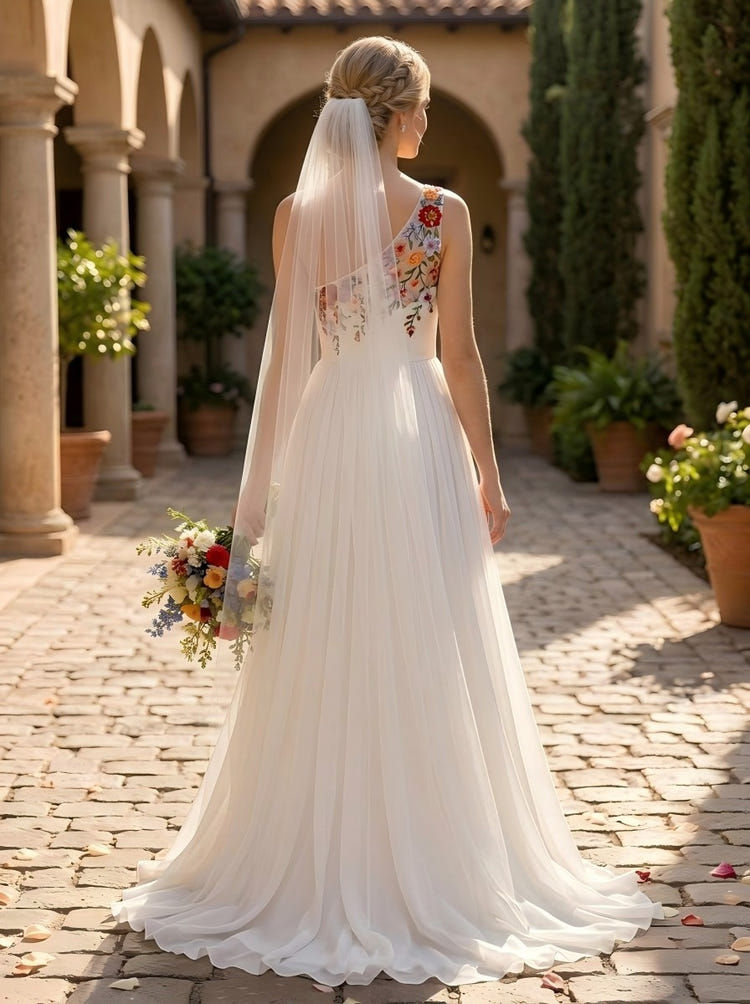 Chiffon A-Line One Shoulder Wedding Dresses with Floral Embroidery