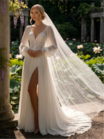 Chiffon A-Line Deep V Wedding Dresses with Side Slit
