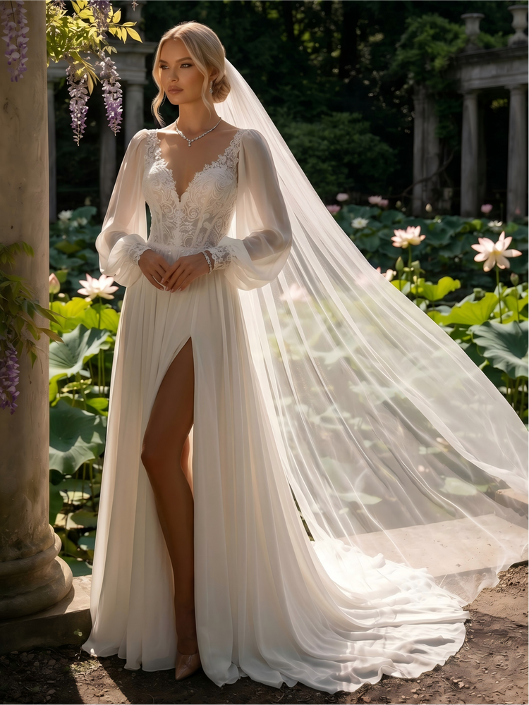 Chiffon A-Line Deep V Wedding Dresses with Side Slit