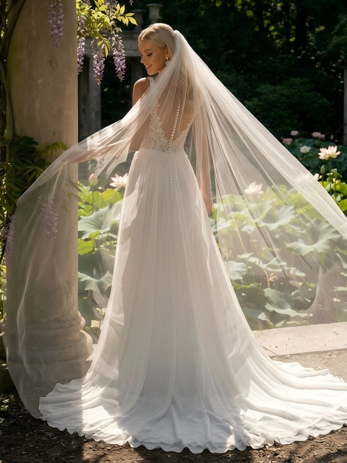 Chiffon A-Line Deep V Wedding Dresses with Side Slit