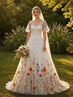 Tulle A-Line Sweetheart Wedding Dresses with Floral Embroidery