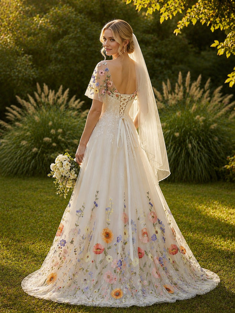 Tulle A-Line Sweetheart Wedding Dresses with Floral Embroidery