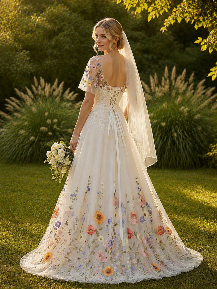 Tulle A-Line Sweetheart Wedding Dresses with Floral Embroidery