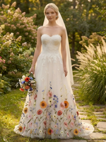 Tulle A-Line Strapless Wedding Dresses with Floral Embroidery
