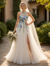 Tulle A-Line Halter Wedding Dresses with Floral Embroidery