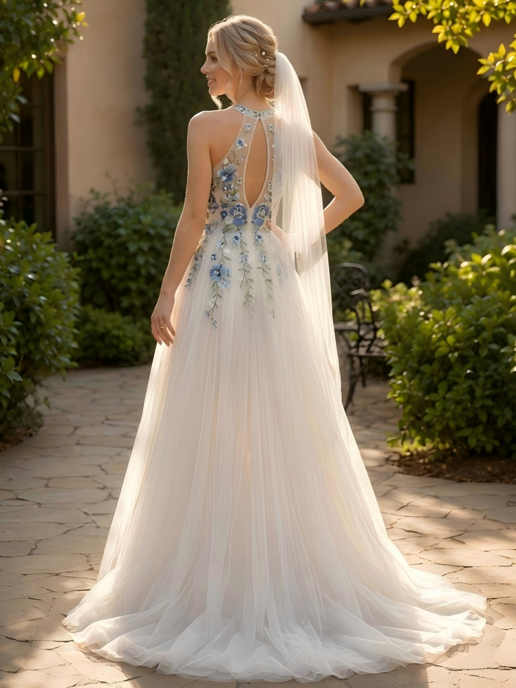 Tulle A-Line Halter Wedding Dresses with Floral Embroidery