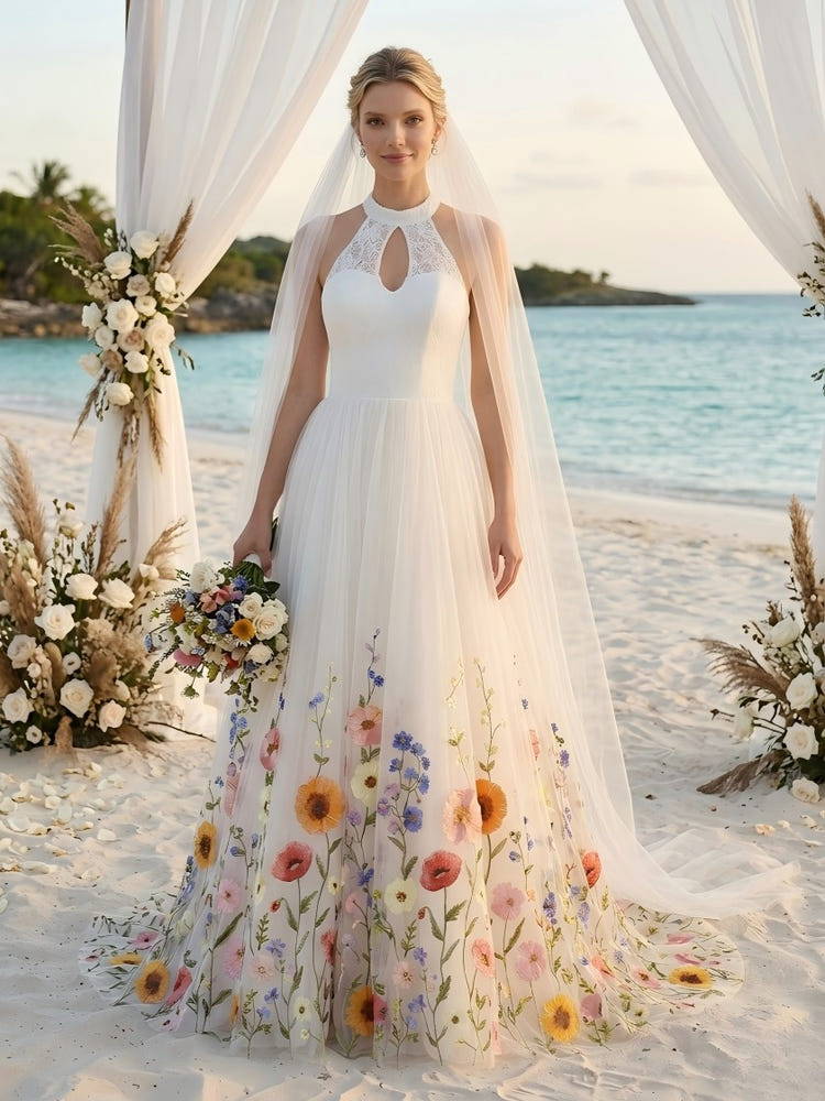 Tulle A-Line Halter Wedding Dresses with Floral Embroidery