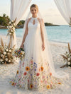 Tulle A-Line Halter Wedding Dresses with Floral Embroidery