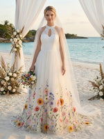 Tulle A-Line Halter Wedding Dresses with Floral Embroidery