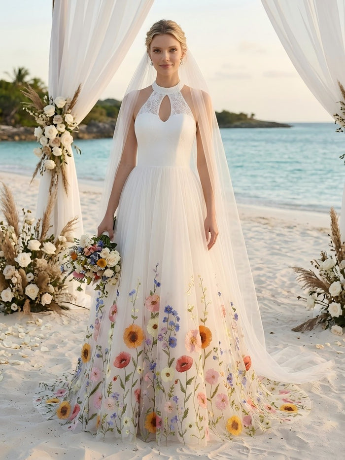 Tulle A-Line Halter Wedding Dresses with Floral Embroidery