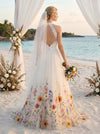 Tulle A-Line Halter Wedding Dresses with Floral Embroidery