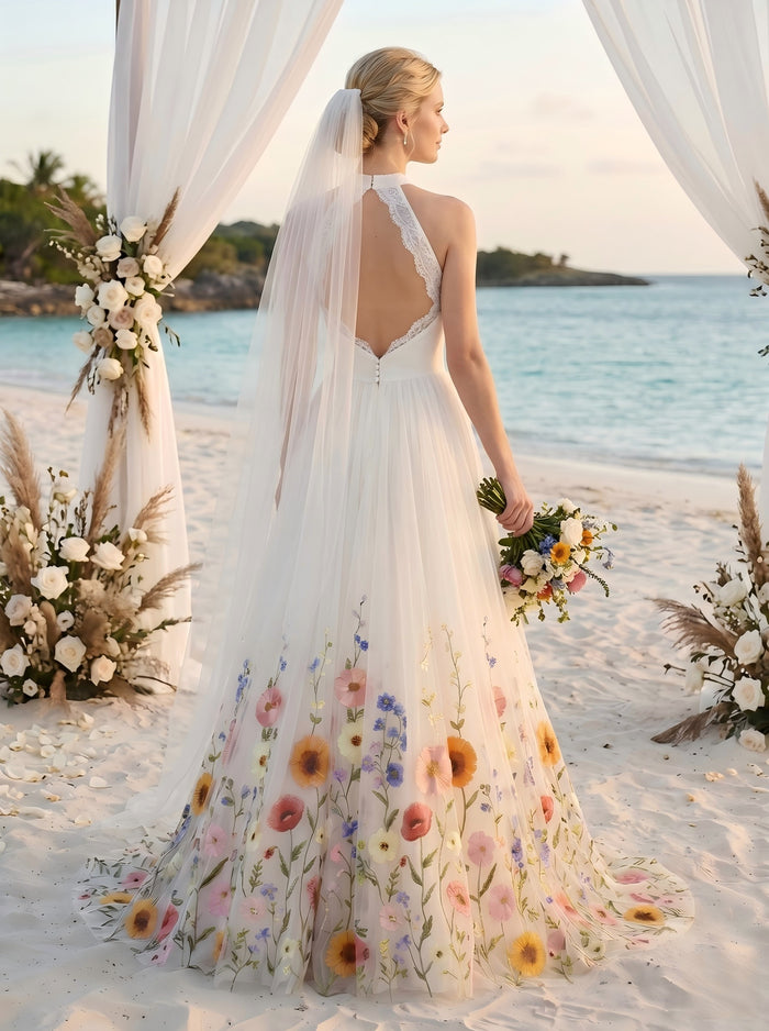 Tulle A-Line Halter Wedding Dresses with Floral Embroidery