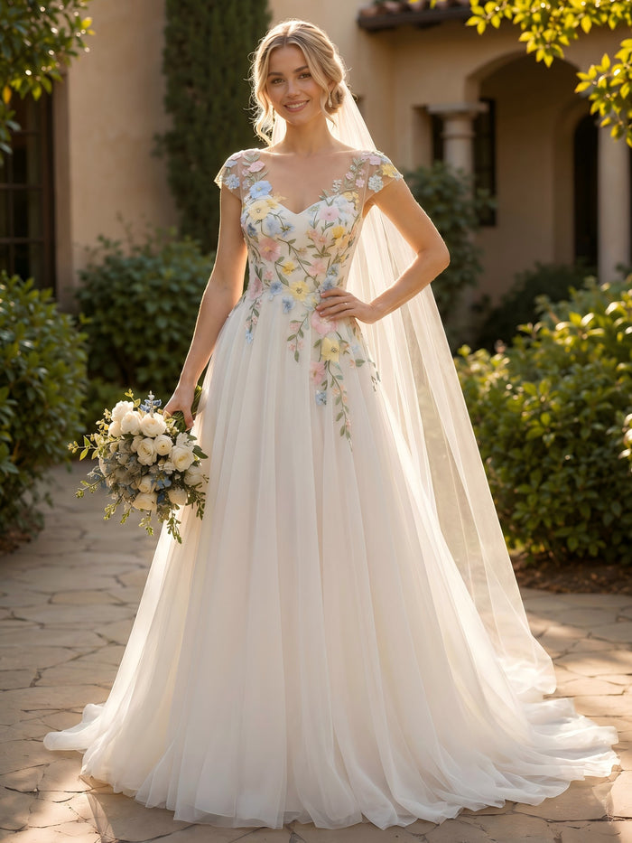 Tulle A-Line Sweetheart Wedding Dresses with Floral Embroidery