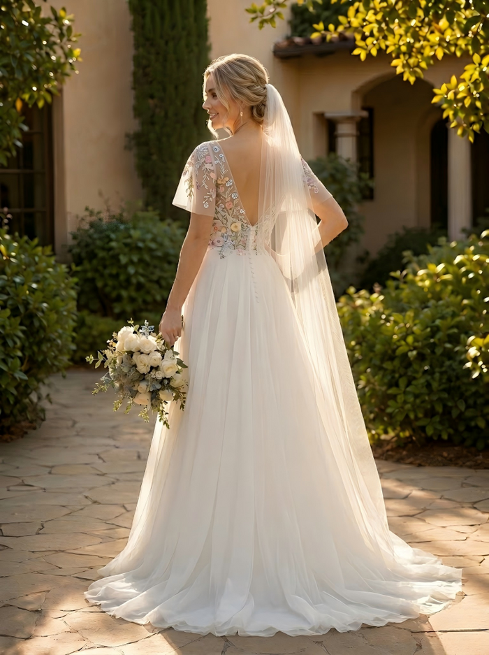 Tulle A-Line Sweetheart Wedding Dresses with Floral Embroidery