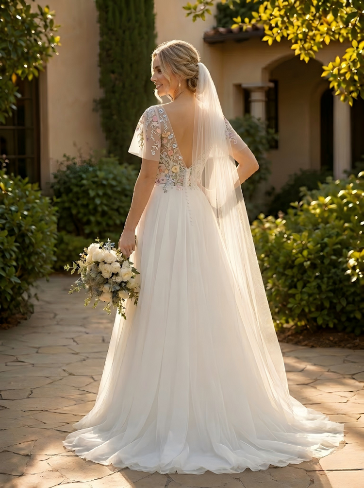 Tulle A-Line Sweetheart Wedding Dresses with Floral Embroidery